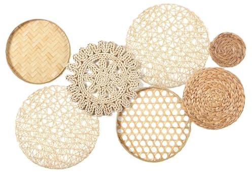 Juego de 7 cestas de pared bohemias, cestas de pared redondas tejidas de paja de diferentes tamaños, decoración para sala de estar, dormitorio, granja, guardería
