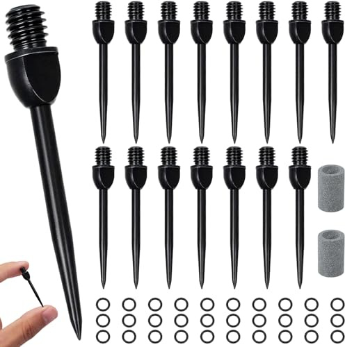 HH-uytnglo 15 Stück Steel Dartpfeile Spitzen, inkl. 30 Gummiringe & 2 Dartspitzer – zum Umrüsten von Soft- auf Steeldarts, Metallspitzen für Dartpfeile mit robustem Gewinde