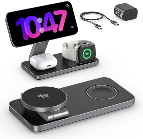 EXW Chargeur Induction Qi2 25W Compatible avec MagSafe, 3 en 1 Chargeur Station de Charge Apple pour iPhone 17 16 15 14 13 12, Apple Watch 11-4/Ultra/SE, AirPods, avec 35W Adapter