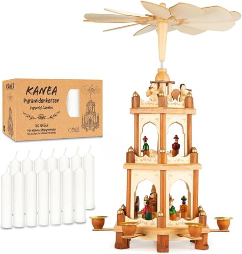 BRUBAKER Weihnachtspyramide - 3-stöckige Holzpyramide mit handbemalten Figuren aus Holz - 45 cm Pyramide Weihnachten inkl. 50er Pack Pyramidenkerzen Weiß - Drehbare Weihnachtsdekoration - Natur
