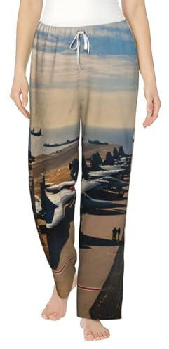 GFXEDSAH Pantalon de pyjama en flanelle imprimé avions de chasse pour femme, doux, chaud et adorable pour un confort ultime, Noir , XXL