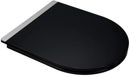 Fanmitrk WC Sitz mit Absenkautomatik, Toilettendeckel D Form Schwarz, 46 x 36 cm, Duroplast Klodeckel mit Schnellverschluss, Klobrille mit Glänzendem Metall-Dekorstreifen