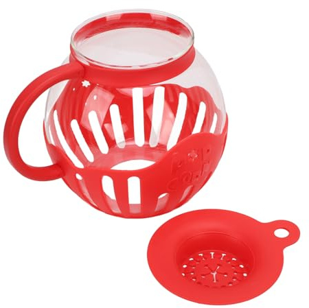 AKLOSIPY Popper de Palomitas de Maíz para Microondas de Vidrio de 2,13 L con Asa, Tarro de Boca Ancha para Noches de Cine y Fiestas (rojo)
