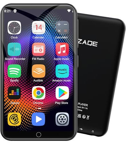 80GB MP3 Player mit Spotify und WiFi Bluetooth, ZAQE 4 Zoll Touchscreen, Android 13 MP4 Player, Audible Compatible, FM Radio, Amazon Music, Deezer, Pandora, Play Store (schwarz)