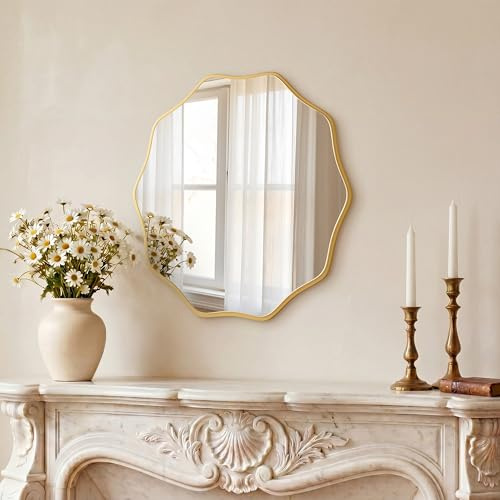 PERFNIQUE Runder Wandspiegel, gewellter Spiegel mit Holzrahmen, dekorativer Spiegel zum Aufhängen oder Anlehnen, Badspiegel, Flurspiegel, Wohnzimmer Spiegel, Naturholz Design (Gold, 50 cm)