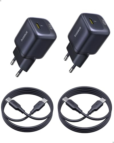 Baseus Cargador USB C 45W, Pack de 2 Cargadores Rápidos GaN, Adaptador de Corriente PPS PD para iPhone 17/16/15 Pro Max, Samsung Galaxy S25 Ultra/S24, iPad, MacBook, Pixel (Incluye Cable USB-C de 1 m)