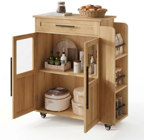 Garvee Kücheninsel mit Rollen, Küchenwagen & Servierwagen mit Glastüren, Schublade, Gewürzregal für Küche, Esszimmer & Flur, Naturholz, 74 x 38 x 78,5 cm