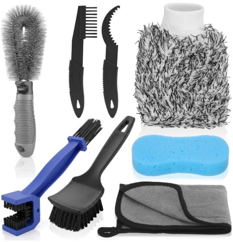 8 Piezas Kit Limpieza Bicicleta, Juego de Limpieza Bicicleta con Paño y Esponja, Limpiador Cadena Bicicletas, Limpia Cadenas Moto para Cadenas y Llantas