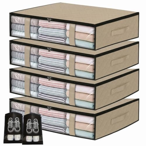 4er-Set Unterbett Aufbewahrungsboxen für Kleideraufbewahrung & Organisation | 40L Waschbare Unterbettkommode mit Klarem Deckel & Reißverschluss | Für Bettdecken Kleidung Bettzeug Decken–15 cm - Beige