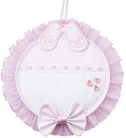 FILET - Fiocco Nascita rotondo con dettaglio scarpine bebè ricamate |Inserto in tela Aida da Ricamare personalizzabile col nome della bambina | Materiali di alta qualità | Rosa