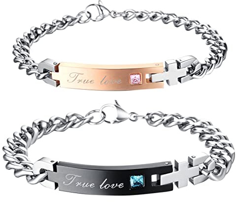 Cupimatch Paar Armband mit Gravur True Love His Queen Her King, Edelstahl Glänzend Poliert Pärchen Armkette Zirkonia Damen Herren Panzerkette für Weihnachten Jubiläum Hochzeit Geburtstag Valentinstag