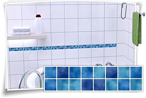 Fliesenaufkleber Fliesenbordüre Bordüre Mosaik Blau Kachel Aufkleber FB1, 16 Stück, 25x6,5cm (BxH)