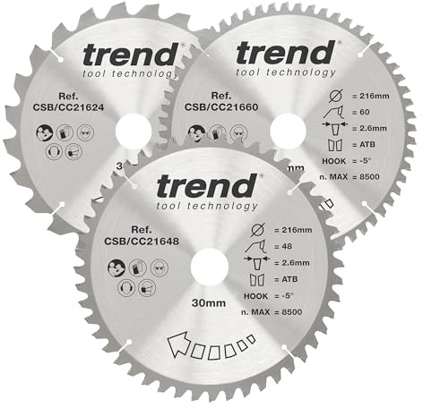 Trend Holz Kappsägeblatts, 3er-Pack, 216mm Durchmesser, 30mm Bohrung, 24, 48 & 60 Zähne, HW, 2,6mm Schnittbreite, -5° Haken, CSB/CC216/3PK