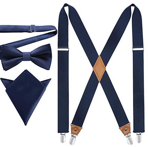 HISDERN Bretelle per uomo con molto forte 4 clip Bretelle Heavy Duty Suspender Blu Navy regolabili in stile X Papillon e fazzoletto da taschino Set