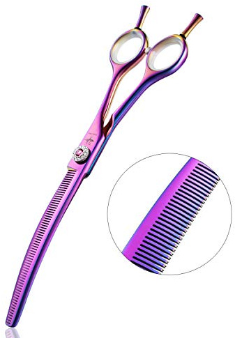 PURPLEBIRD 7 Inch Downward Curved Dog Grooming Scissors Thinning Texturizing Shears Professional Safety Blunt Tip Trimming Shearing for Dogs Cats Face Paws Limbs Japanese Stainless Steel Purple
