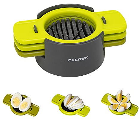 Calitek Egg Slicer with 3 Cutters Multipurpose 3 in 1 Multi Tool Cut Wedge Slice for Boiled Eggs Fruit Mushroom Tomatoes with Stainless Steel Blades and Non Slip Base Dishwasher Safe (Green)