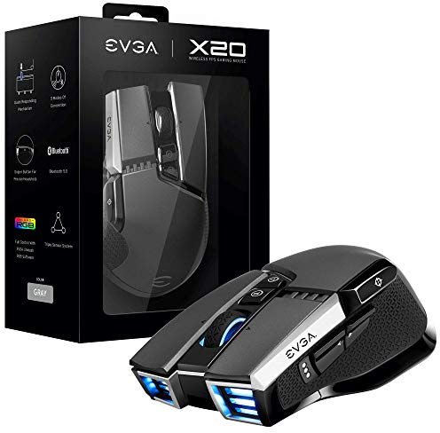 EVGA X20 Gaming Mouse, Wireless, Grey, Customizable, 16,000 Dpi, 5 Profiles, 10 Buttons, Ergonomic 903-T1-20Gr-K3 (Packaging may vary)