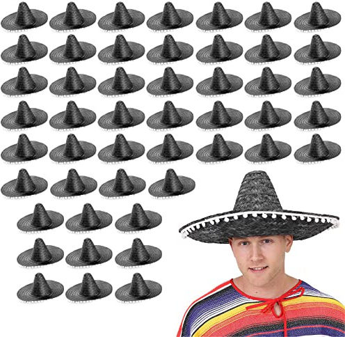 Cappello Sombrero da sombrero messicano nero con dettagli con pompon bianchi, accessorio per costume da Cinco De Mayo messicano (confezione da 3)