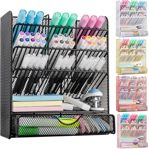 Spacrea Portapenne in metallo, portapenne per scrivania, organizer da scrivania con cassetto per scuola, casa, forniture artistiche (nero)