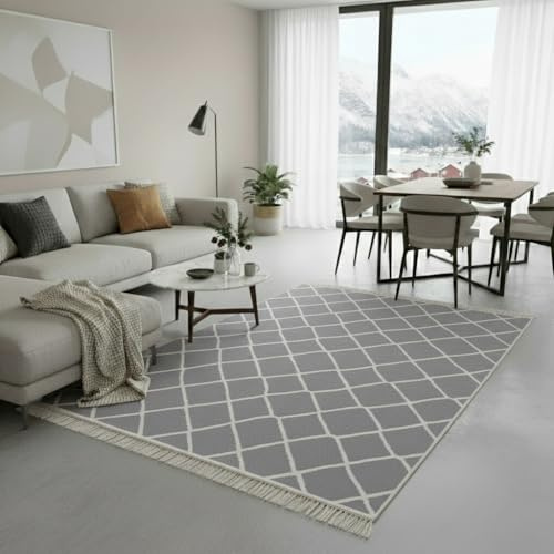 Fashion4Home Teppich Läufer - Tepiche für Wohnzimmer, Schlafzimmer, Küche, Kinderzimmer, Badezimmer - Boho Kelim - Läufer Flur, Stripe-Hellgrau-Weiß, Größe: 160x230 cm