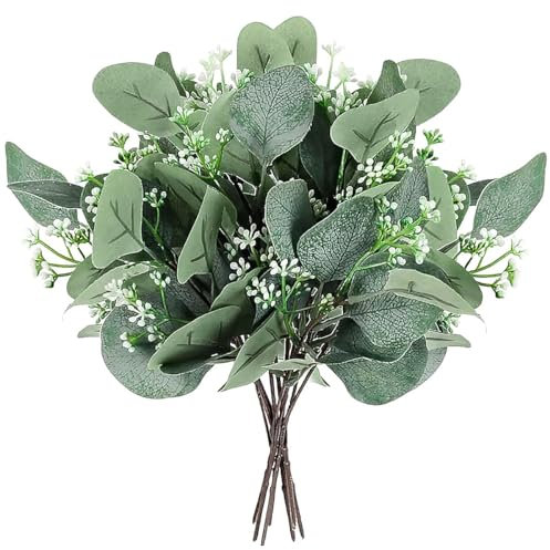 Weldomcor Künstliche Pflanzen Eukalyptus Deko Simulation Grüner Eucalyptus Hinterlässt Zweige Silberdollar Eukalyptus Pflanze Bulk für Hochzeit Garten Haus Büro Dekoration, 10 Stück