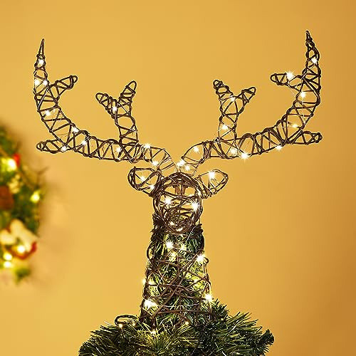 Lewondr Christbaumspitze, Metallrahmen Hirsch Baumspitze Weihnachtsdeko mit 50 Warm LED Perlen & Timer, USB-betrieben Fernbedienung Tannenbaum Spitze für Weihnachtsbaum Weihnachten Party Innen, Braun