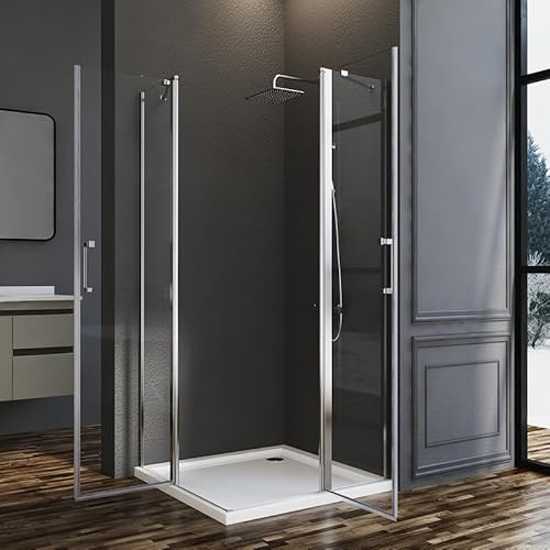 Duschkabine Eckeinstieg 80x90cm Duschabtrennung mit Pendeltüren, Dusche aus 6 mm NANO-Beschichtung ESG Glas, Scharniertür Duschkabine Eckeinstieg Höhe 185cm
