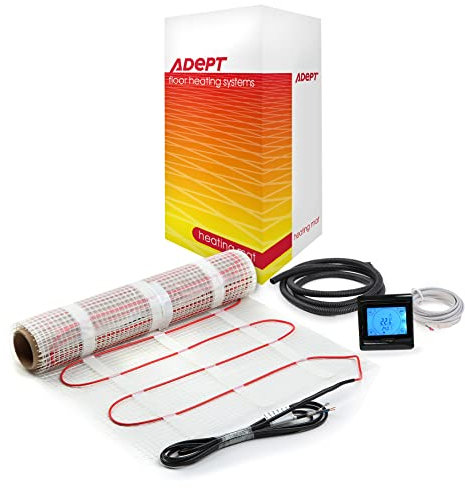 Adept Premium Electric Underfloor Heating Mat Kit 200W per m² with Self Adhesive Backing for Under Tile or Stone Floors - 6m2 Kit - Black Touchscreen Thermostat