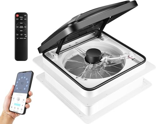 Starvent RV Roof Vent Fan 10 Speed 12V Thermostat Rain Sensor Powered Lift Remote and APP Control Timer 14 x 14 Reversible