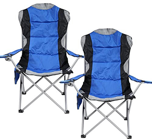 Taylor & Brown Camping Chairs for Adults Heavy Duty Deluxe Folding Padded Chair Up to 120kg with High Back & Cup Holder & Side Pocket Fold Up Chair Stool for Garden Picnic Beach Directors (2 x Blue)