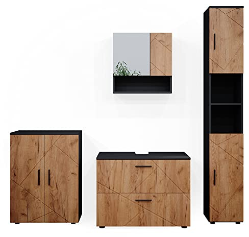 Vicco Badmöbel-Set Irma, Goldkraft Eiche/Anthrazit, 80 cm | besteht aus Waschbeckenunterschrank, Spiegelschrank, Hochschrank und Midischrank