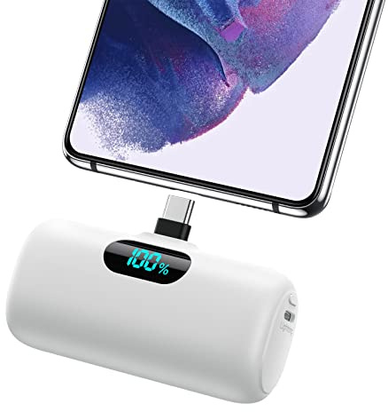 Feob Mini Power Bank, 5 000 mAh USB C bärbar laddare 15 W PD snabbladdning kompakt externt batteri Powerbank med LCD-skärm kompatibel med iPhone 15/15 Pro Samsung USB C-telefoner etc-vit