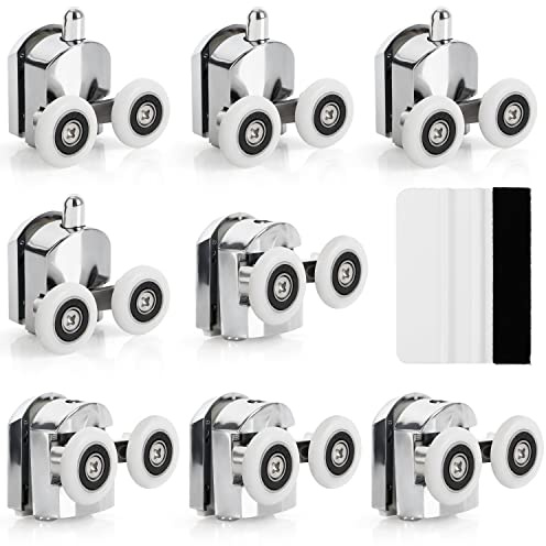 Belle Vous 8-Pack med Hjulanordning för Duschdörrar - Zinklegeringshjul på 23 mm i Diameter - Dubbla Hjul för Duschskjutdörrar i Glas - Ersättningshjul för Badrum med Skruvar & Gummiskrapa