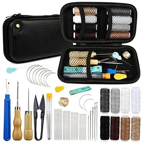 54 Stücke Leder Nähen Set Leder Werkzeug Set Lederhandwerk Set mit 8 Farben Polsterfaden Ledernadel, Nähahle, Fadenschere, Fingerhut, Maßband und Aufbewahrungstasche für DIY Lederhandwerk