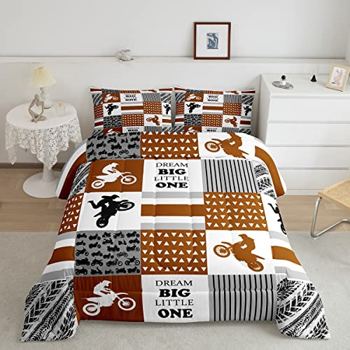 Juego de edredón de plumón para niños y niñas, Juego de Ropa de Cama para Motociclistas de Carreras de Motocross, Juego de edredón para Motocicleta, Enrejado geométrico con 2 Fundas de Almohada, Tama