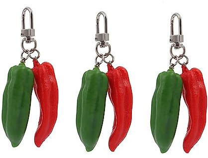 Leadigol 3 Stück Chili Pfeffer Form Anhänger Charm Schlüsselanhänger, rot grüner Pfeffer Anhänger Charm Schlüsselanhänger Geschenk, Simulierter Pfeffer Modell Schlüsselanhänger Kit, rot / grün,