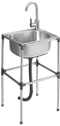 Set Di Lavandino In Acciaio Inox Mobile, Lavello Da Cucina 1 Vasca, Rubinetto Dell'acqua Calda e fredda, Giardino Da Esterno Lavando Lavello (37x31x80cm)