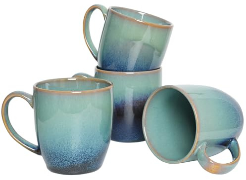 Bosmarlin Ceramic Coffee Mug Set of 4, 17 Oz, Coffee Cups with Big Handle, Microwave Safe, Unique Reactive Glaze(17 Oz, Pale Green)