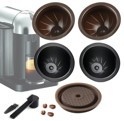 LUKELI 5Pcs Capsules Réutilisables Vertuo Dosettes Vertuo Capsules de Café Rechargeables VertuoLine pour Nespresso Vertuo avec 1 Pcs Couvercles en Silicone Réutilisables (Noir 230 ml + Marron 150 ml +