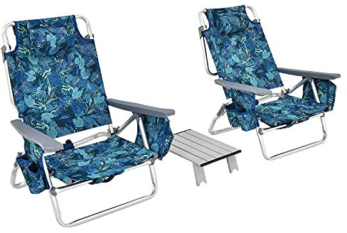 COSTWAY Strandstolar och bordsset, fällbara campingstolar med justerbart ryggstöd, nackstöd, sidofickor, ispåse, armstöd och axelband, vikbara stolar lätt (marinblå)