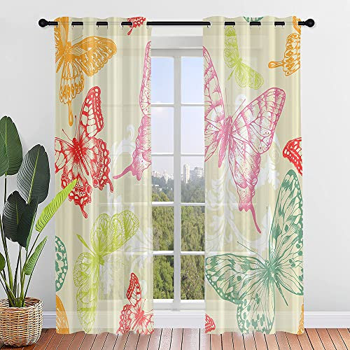 ENEN Vorhänge Wohnzimmer, Gardinen mit Ösen, Halbtransparent Gardinen Wohnzimmer, Schlaufenschal 2er Set für Kleine Fenster Küche Wohnzimmer Landhaus (140x213cm,Gelber Schmetterling)
