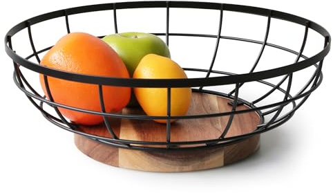 WILDMOS Fruit Basket,black Wire Basket with Acacia Wood Base,large Fruit Bowl for Countertop,black Baskets for Fruits, Breads, Vegetables Storage. (12-inch)