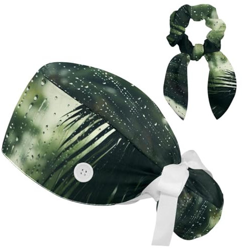 FVQL Set mit 1 Pferdeschwanzhalter, Bouffant-Mütze mit Haargummi, Peeling-Mütze für Frauen mit langem Haar, Palmen- und Regenmuster tropisch