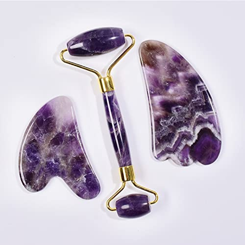 Raumdekoration Amethyst-, Naturstein-Gesichtsroller, Gua Sha-Werkzeugset, Kratzkristallmassage, 3-tlg (Color : 3 Pcs)
