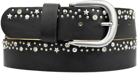 Zakatte • Damen Nietengürtel aus Kunstleder mit Strass und Sterne Strassgürtel Gürtel mit Nieten BS071 (Schwarz, 90 cm)