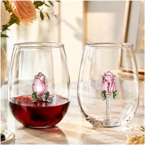Pumtus Weingläser ohne Stiel mit Rose im Inneren, 590 ml, große Weingläser ohne Stiel, einzigartige kurze Weingläser, romantisch, ausgefallene Getränketasse ohne Stiel, für Liebhaber, Geschenk,