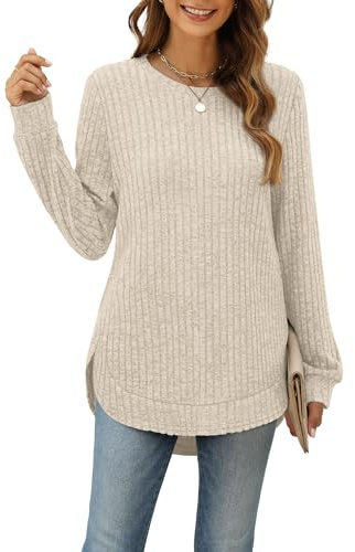 Aokosor Ladies Jumpers for Women UK Long Sleeve Tops Side Split Women Jumpers Curved Hem Ladies Tunic Tops Womens Jumper 10-12 Beige