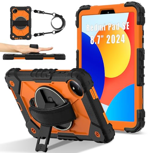 Compatibile con Xiaomi Redmi Pad SE 8.7 4G Rilasciato 2024, resistente TPU Cover 360 Rotante Cinghia da Polso e Supporto+Tracolla per Redmi Pad SE 8.7 4G Tablet Case (Nero Arancione)