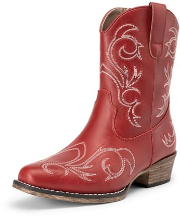 DREAM PAIRS Stivali da Cowboy da Donna, Stile Cowgirl, Stivaletti alla Caviglia Ricamati Tacco Spesso, Stivaletti Corti alla Moda con Cerniera,Size 43,Rosso,DWUMAB2511