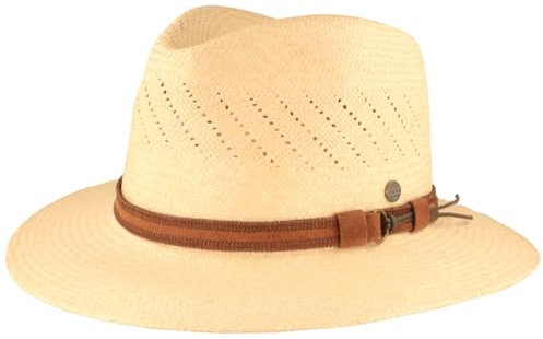 Bred original Panamahatt stråhatt sommarhatt av Ecuador traditionell handgjord med ventilerad krona läderrem och nätinsats, Natur beige, XL